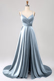 Royal Blue A Line Spaghetti Correias Cetim Prom Dress com Fenda