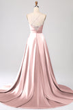 Vestido de Cerimônia de Cetim Rosa Empoeirado com Alças Finas em Linha A