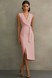 Vestido de Trabalho Midi Simples de Cetim Branca com Decote em V e Linha A Justo