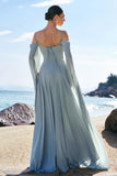 Verde claro ombro frio destacável mangas Chiffon vestido de dama de honra