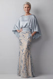 Vestido Longo Sereia Decote Barco Brilhante Champanhe para a Mãe da Noiva