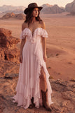 Vestido de Noiva Maxi Beach de Linha A em Marfim com Folhos