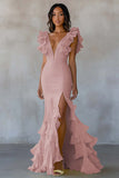 Sereia Amarela V-Neck Tiered Vestido Formal Longo com Folhos Fenda