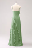 Tahiti Esparguete Alças Chiffon Vestido Longo Madrinha com Folhos