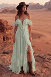Vestido de Noiva Maxi Beach de Linha A em Marfim com Folhos