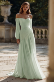 Vestido de Noiva Comprido em Chiffon Marfim com Ombros a Ombro e Linha-A