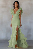 Sereia Amarela V-Neck Tiered Vestido Formal Longo com Folhos Fenda