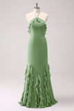 Halter Tahiti Sereia Chiffon Vestido Madrinha com Folhos
