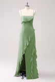 Tahiti Esparguete Alças Chiffon Vestido Longo Madrinha com Folhos