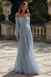 Vestido de Noiva Comprido em Chiffon Marfim com Ombros a Ombro e Linha-A