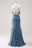 Halter Tahiti Sereia Chiffon Vestido Madrinha com Folhos