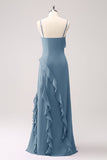 Tahiti Esparguete Alças Chiffon Vestido Longo Madrinha com Folhos