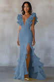 Sereia Amarela V-Neck Tiered Vestido Formal Longo com Folhos Fenda
