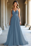 A Linha Azul Escuro Alças Esparguete Querida Vestido Longo Baile