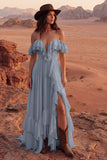 Vestido de Noiva Maxi Beach de Linha A em Marfim com Folhos