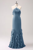 Halter Tahiti Sereia Chiffon Vestido Madrinha com Folhos