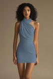 Azul Poeira Bodycon Cabeçada Sem Mangas Curto Vestidos Cocktail