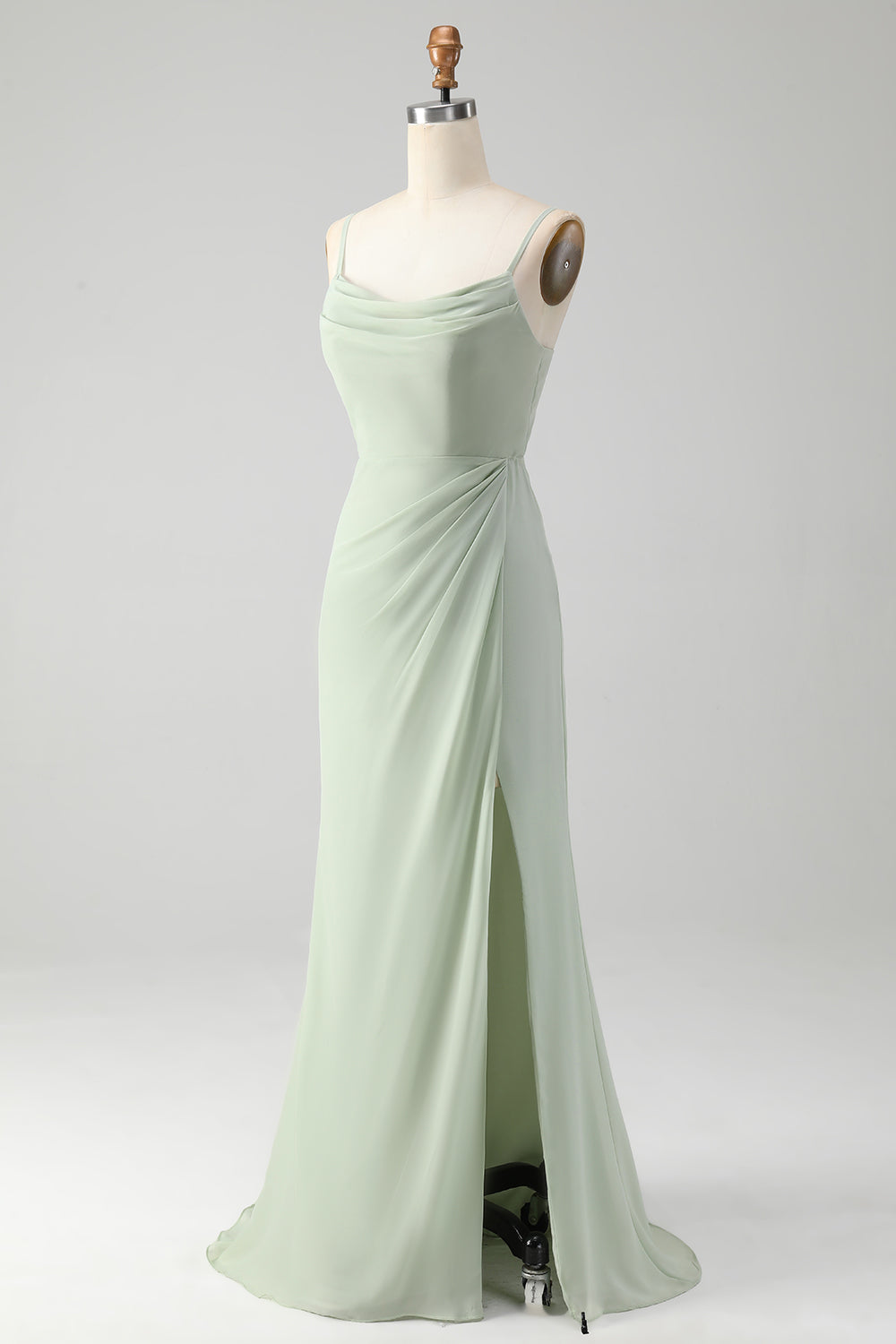 Matcha A Line Spaghetti Correias Cetim Long Vestido de Dama de Honra com Renda para Trás