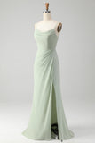 Matcha A Line Spaghetti Correias Cetim Long Vestido de Dama de Honra com Renda para Trás