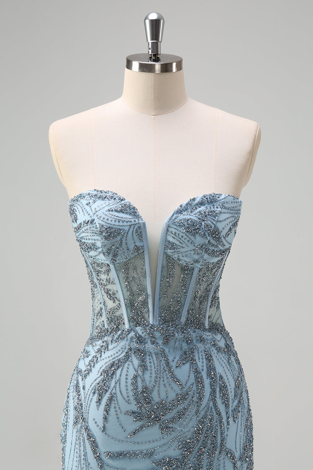 Brilhante azul claro sereia espartilho sem alças longo frisado vestido de baile com fenda