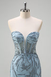 Brilhante azul claro sereia espartilho sem alças longo frisado vestido de baile com fenda