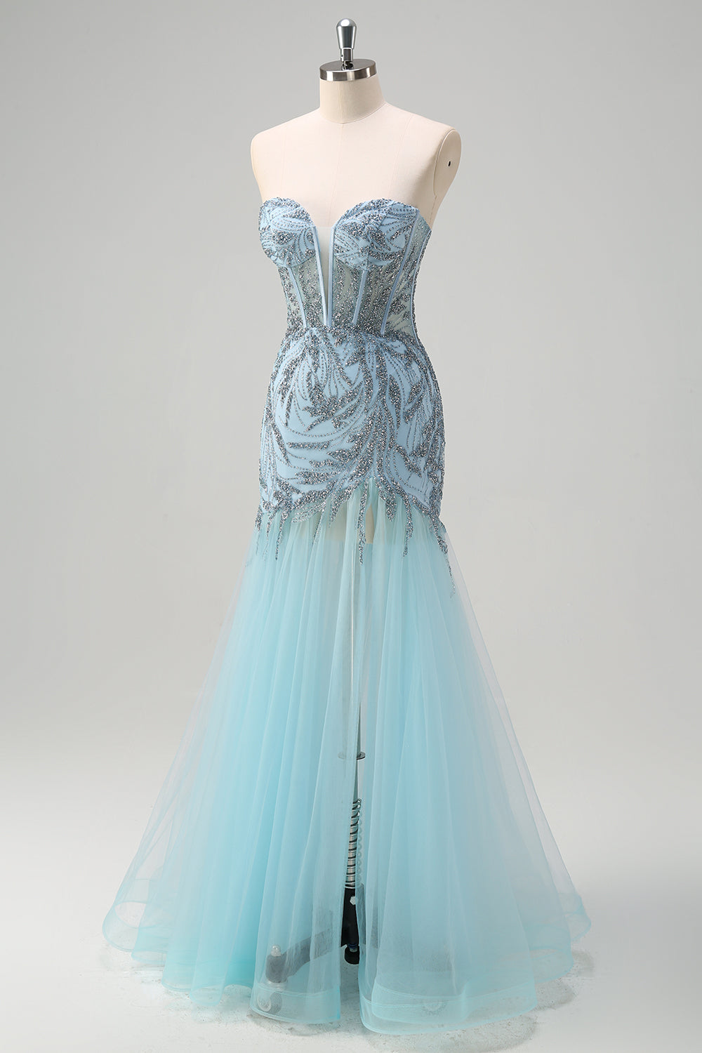 Brilhante azul claro sereia espartilho sem alças longo frisado vestido de baile com fenda