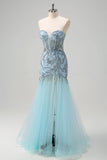 Brilhante azul claro sereia espartilho sem alças longo frisado vestido de baile com fenda