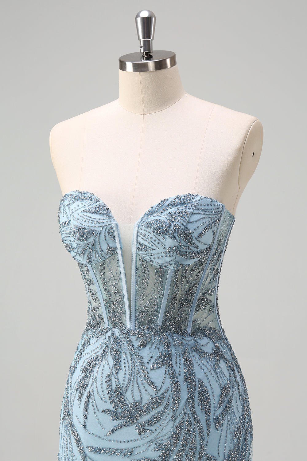 Brilhante azul claro sereia espartilho sem alças longo frisado vestido de baile com fenda