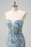 Brilhante azul claro sereia espartilho sem alças longo frisado vestido de baile com fenda