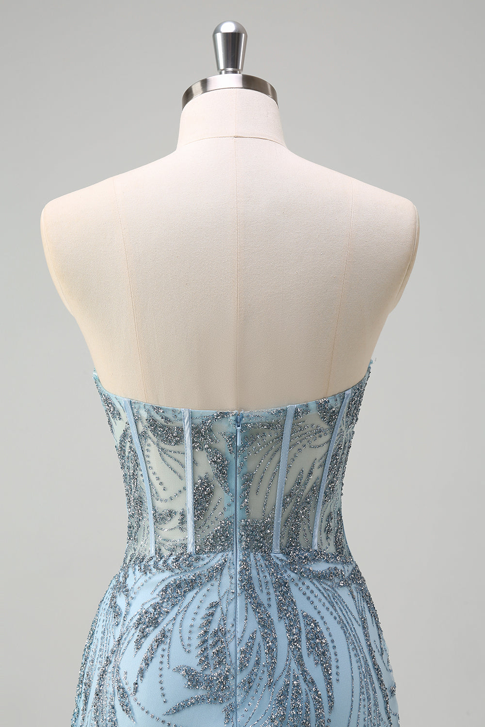 Brilhante azul claro sereia espartilho sem alças longo frisado vestido de baile com fenda
