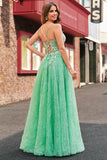 A Line Sparkly Light Green Espaghetti Straps Corset Tulle Prom Dress with Slit