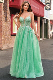 A Line Sparkly Light Green Espaghetti Straps Corset Tulle Prom Dress with Slit