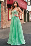 A Line Sparkly Light Green Espaghetti Straps Corset Tulle Prom Dress with Slit