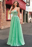 A Line Sparkly Light Green Espaghetti Straps Corset Tulle Prom Dress with Slit