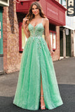 A Line Sparkly Light Green Espaghetti Straps Corset Tulle Prom Dress with Slit