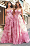 Floral A Line Strapless Corset Tiered Blush Prom Dress com Fenda