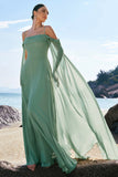Verde claro ombro frio destacável mangas Chiffon vestido de dama de honra