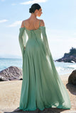 Verde claro ombro frio destacável mangas Chiffon vestido de dama de honra