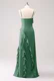 Tahiti Esparguete Alças Chiffon Vestido Longo Madrinha com Folhos