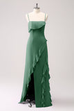 Tahiti Esparguete Alças Chiffon Vestido Longo Madrinha com Folhos