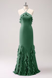 Halter Tahiti Sereia Chiffon Vestido Madrinha com Folhos