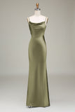 Dusty Blue Sheath Espaghetti Correias Cetim Long Vestido Madrinha