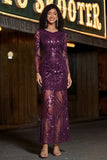 Vestido de baile de finalista roxo, decote em V, decote em V, manga comprida e lantejoulas