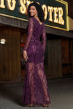 Vestido de baile de finalista roxo, decote em V, decote em V, manga comprida e lantejoulas