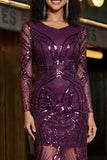 Vestido de baile de finalista roxo, decote em V, decote em V, manga comprida e lantejoulas