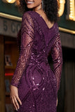 Vestido de baile de finalista roxo, decote em V, decote em V, manga comprida e lantejoulas