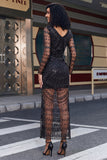 Vestido preto de baile de finalistas com decote em V e lantejoulas, manga comprida,