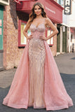 Vestido de baile de baile de sereia com alças finas com blush brilhante e capa
