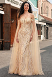Vestido comprido de baile de sereia champanhe com lantejoulas, ombro descoberto e mangas cape