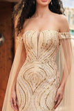 Vestido comprido de baile de sereia champanhe com lantejoulas, ombro descoberto e mangas cape